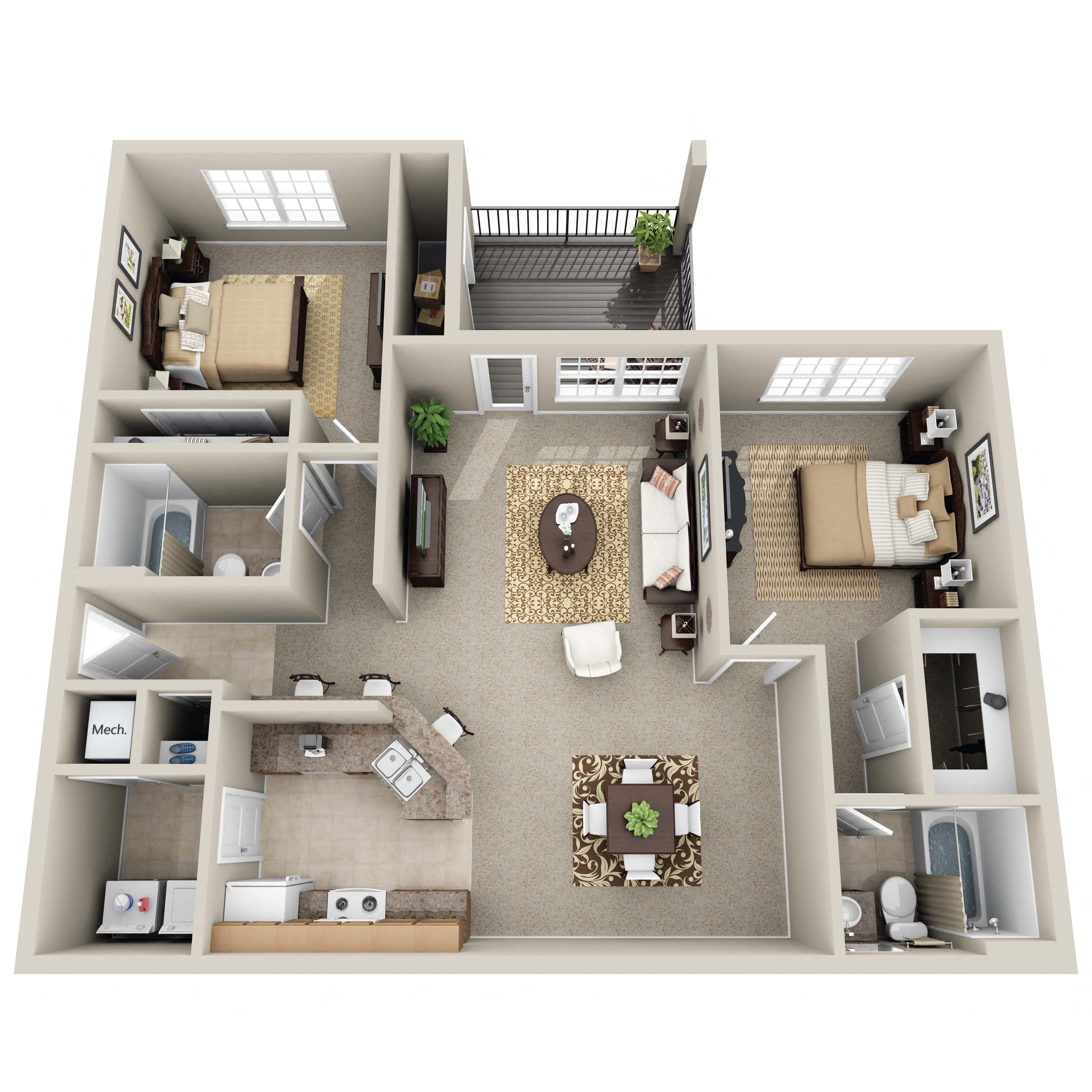 Floor plan for 2 beds, 2 baths, 1152 sqft